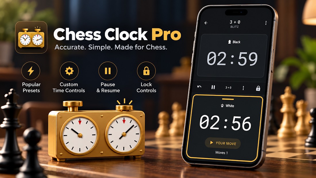 Chess Clock Pro timer next to a chess board
