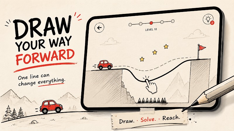 Inkroad level where a hand-drawn road carries a red car to the flag
