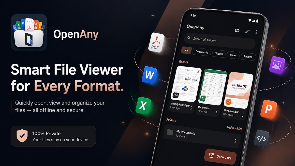 OpenAny showing PDF, Word and Excel files on an Android phone