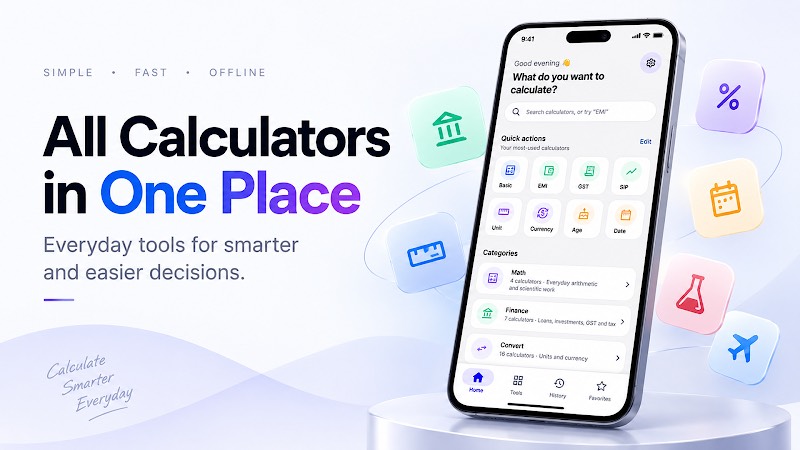 OneCalc home screen with calculator categories